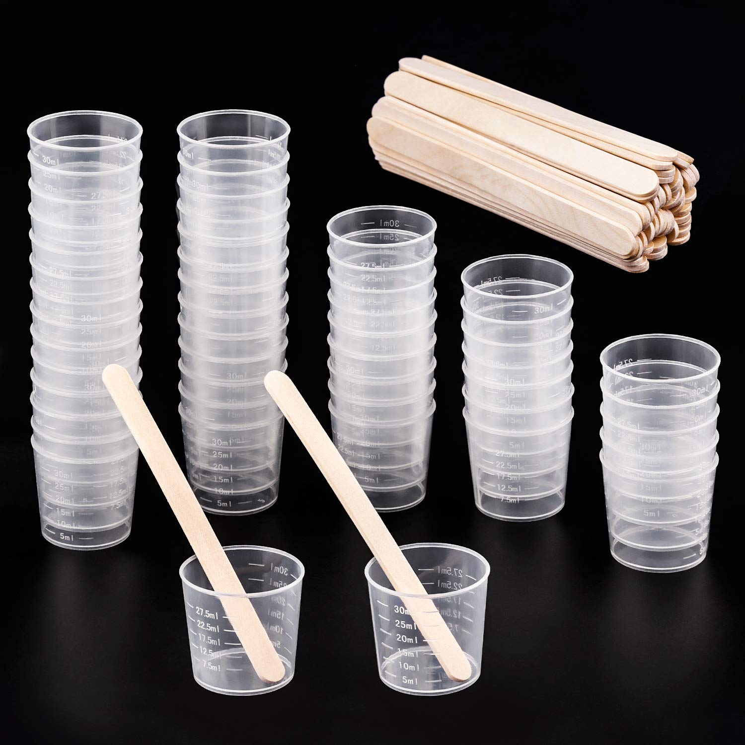 WXJ13 50 Pack 30ml Transparent Polypropylene Plastic Graduated Cups Reusable Mixing Cup with 50 Pack Wooden Stirring Sticks Epoxy Resin Mixing Kit