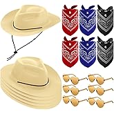 Newcotte 18 Pcs Western Cowboy Plastic Hat Set Include 6 Hats 6 Paisley Bandanas 6 Pairs Heart Glasses for Party