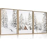 HLNIUC Christmas Snow Forest Framed Wall Art Set of 3, Large Winter Mountain Pine Tree Decor, Vintage White Cabin Landscape Canvas Art(24x36), Farmhouse Rustic Prints for Living Room, Bedroom, Office