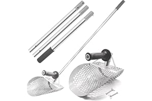 Zhitaoxun Metal Detecting Sand Scoop,50.3in Heavy Duty Metal Detecting Shovel,Stainless Steel Metal Detector Scoop with 9.87in Big Shovel and Hexahedron 7mm Holes for Underwater Treasure Hunting