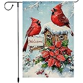 Christmas Garden Flag 12x18 Inch Double Sided Burlap Outdoor Holiday Decoration with Red Cardinals Snow Covered Birdhouse Poinsettia Welcome Sign Seasonal Yard Decor