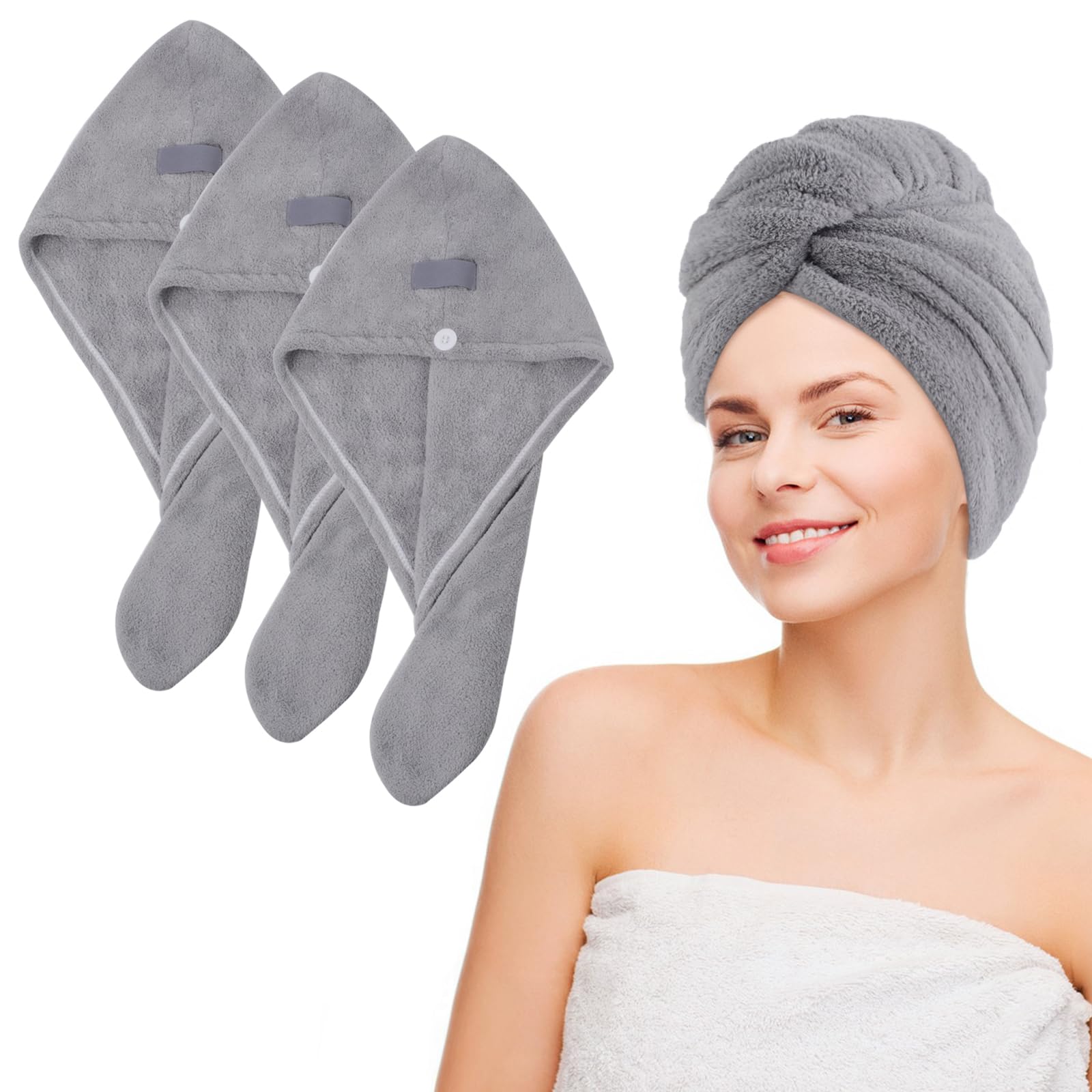 Vivote Anti-Frizz Quick Dry Microfibre Hair Towel Wrap with Button, Super Absorbent for Long Curly Hair, 25cm*65cm Grey, 3 Pack
