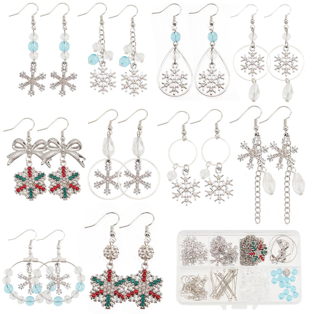 SUNNYCLUE 1 Box DIY 10 Pairs Rhinestone Snowflake Charms Christmas Earrings Making Kit Winter Charm Linking Rings Bowknot Connector Charms Faceted Glass Crystal Beads for Jewellery Making Kits Adult