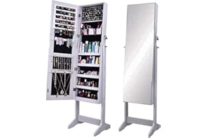 sogesfurniture Lockable Floor Standing Wooden Jewelry Cabinet Mirror Cabinet Chest Armoire Wardrobe Storage Organizer, White2