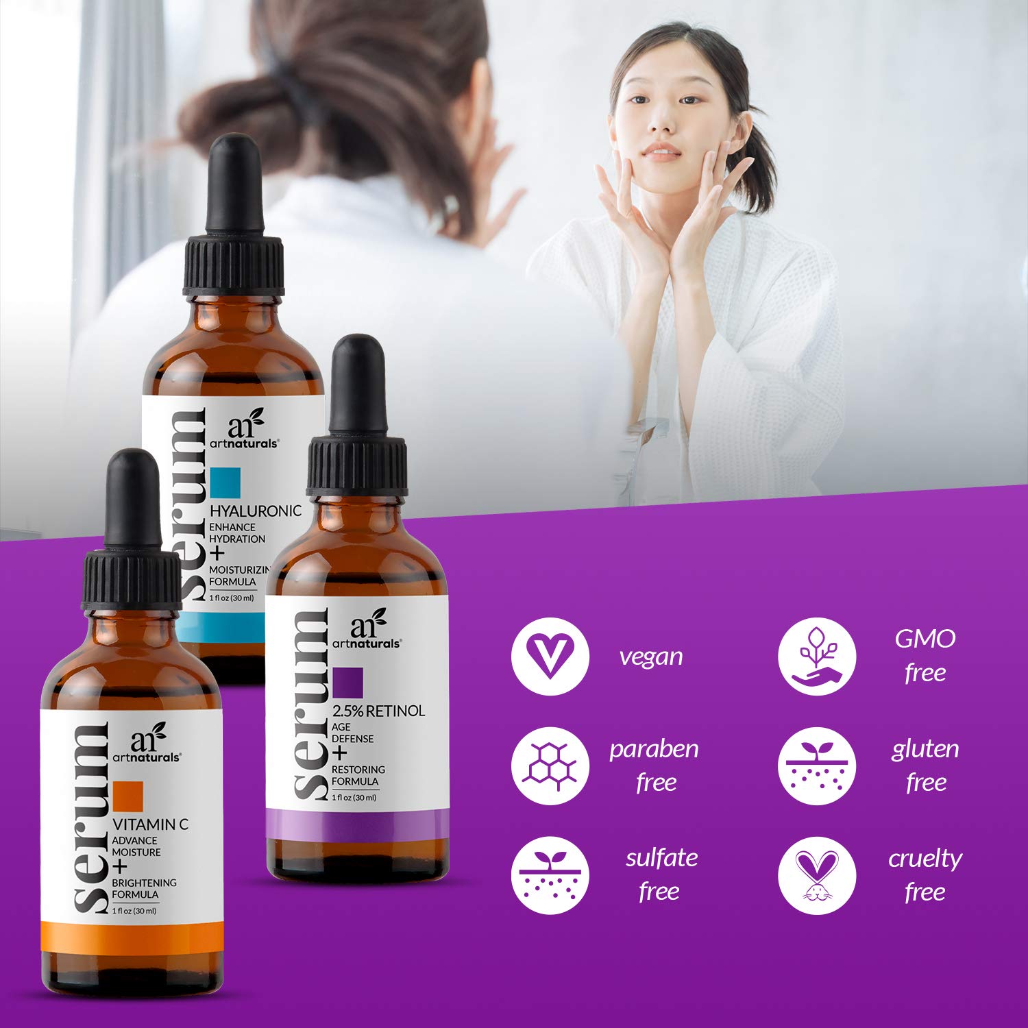 ArtNaturals Anti-Aging-Set with Vitamin-C Retinol and Hyaluronic-Acid - (3 x 1 Fl Oz / 30ml) Serum for Anti Wrinkle and Dark Circle Remover – All Natural and Moisturizing: Beauty