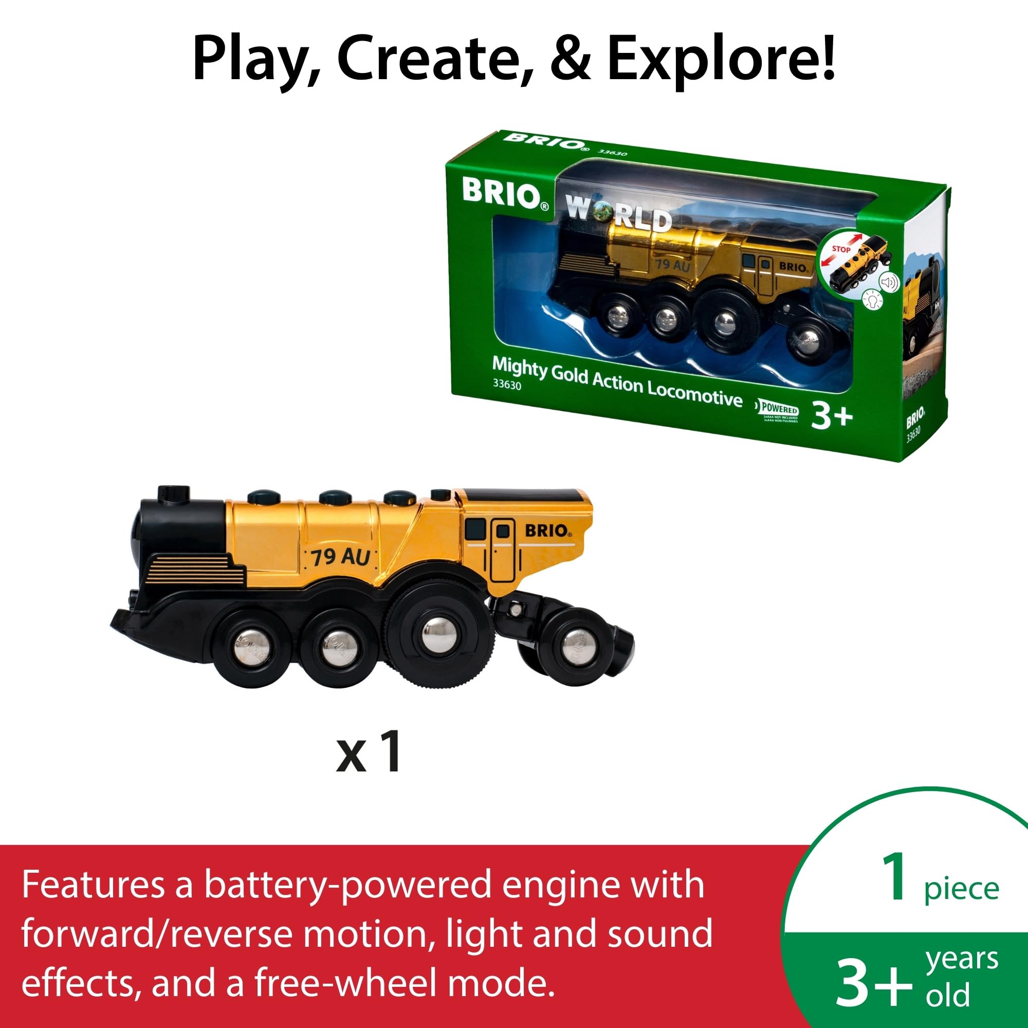 BRIO World Mighty Golden Action Locomotive - Battery Operated Toy Train for Wooden Track - Motorized Train with Lights & Sound - Works with All BRIO Sets - Exciting, Interactive Play - Ages 3 & Up
