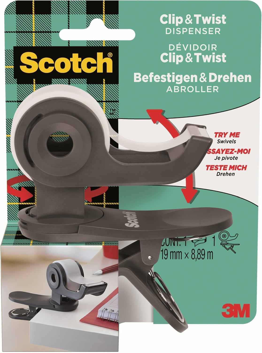Scotch Clip & Twist Tape Dispenserr, Grey, 1 Roll Included, 19 mm x 8.89 mm - Portable One-Handed Dispensing, Clip to Tables, Desks, Monitor Stands