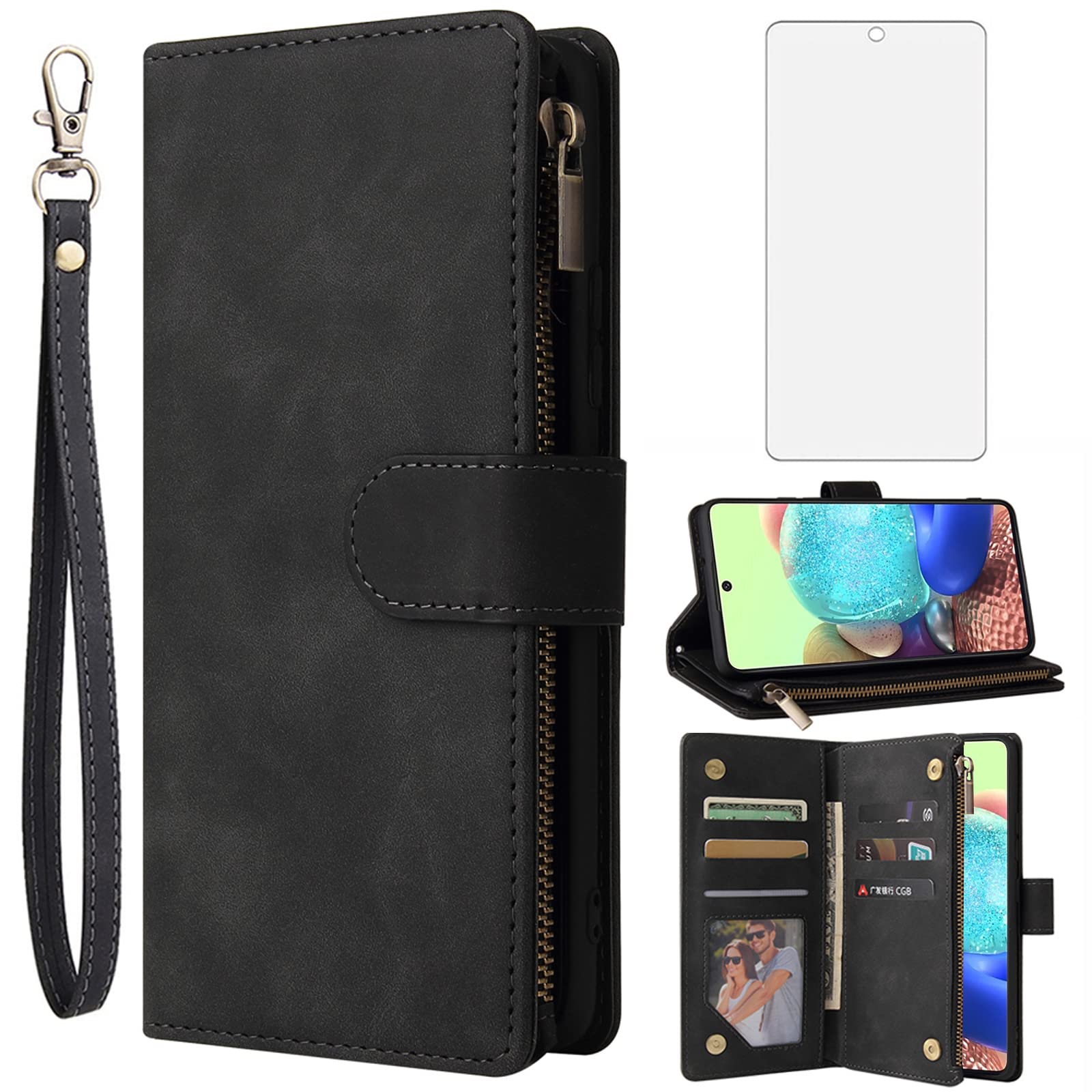 Asuwish Compatible with Samsung Galaxy A71 4G Wallet Case Tempered Glass Screen Protector and Flip Cover Card Holder Cell Accessories Phone Cases for Glaxay A 71 Gaxaly 71A S71 A715F Women Men Black — image 1