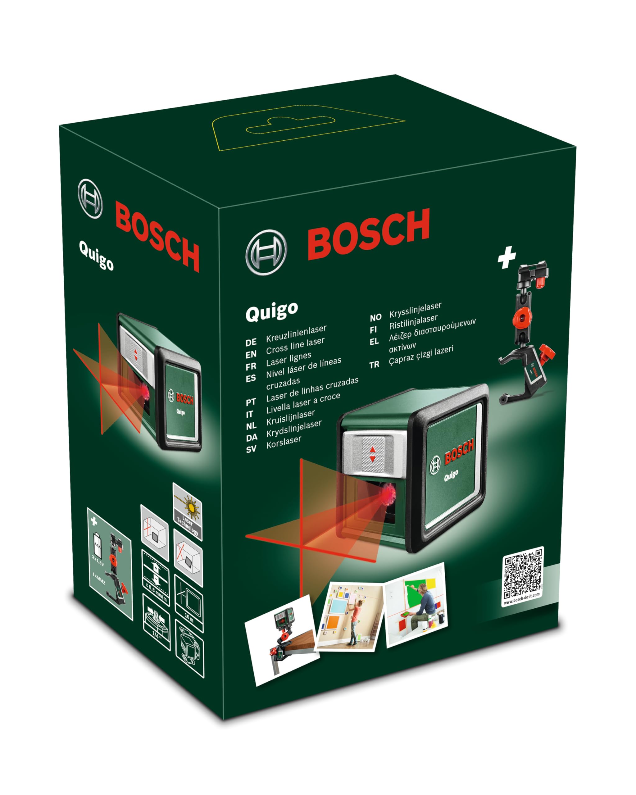 Bosch cross line laser Quigo with universal clamp MM 2 (easy and precise alignment with flexible positioning of the tool thanks to the universal clamp)