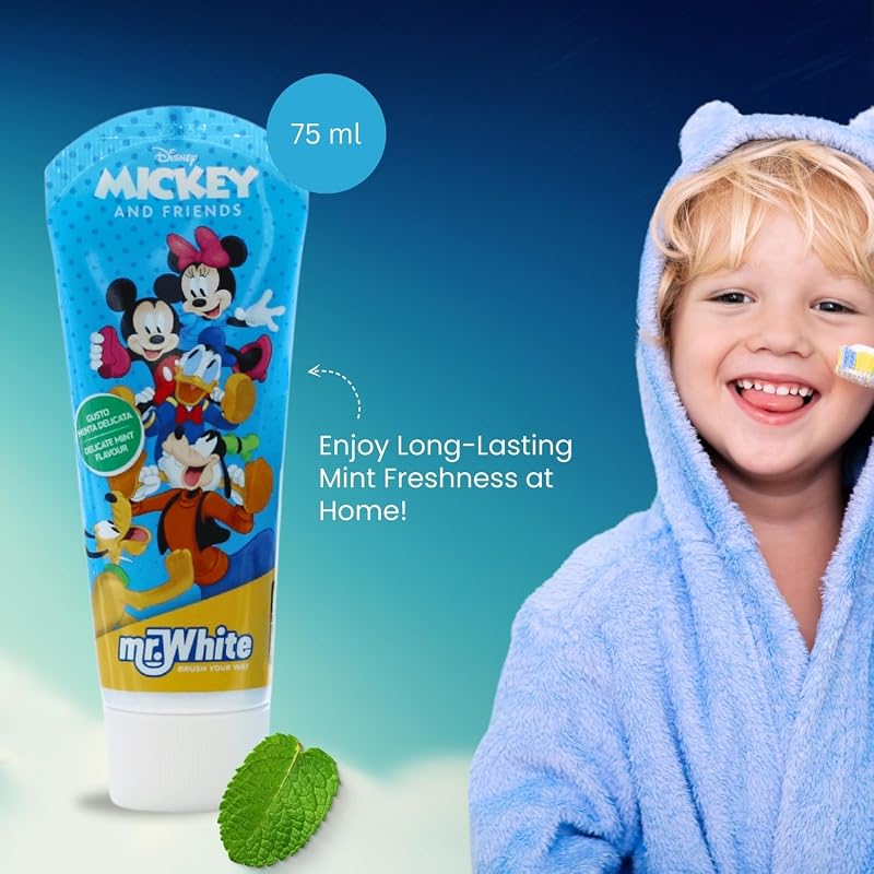 Mr.White Mickey Mouse - Juego de bolsas para niños, ideal para viajes, incluye cepillo de dientes manual con ventosa, tapa de viaje, pasta de dientes con sabor a menta suave para niños, 75 ml, y 1