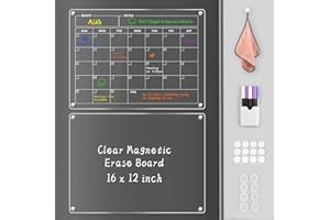JIALAI HOME Monthly & Clear Acrylic Calendar Dry Erase Board for Fridge, 16"x12" Inches Reusable Planner Magnetic Refrigerator Noteboard Includes 6 Markers, Set of 2