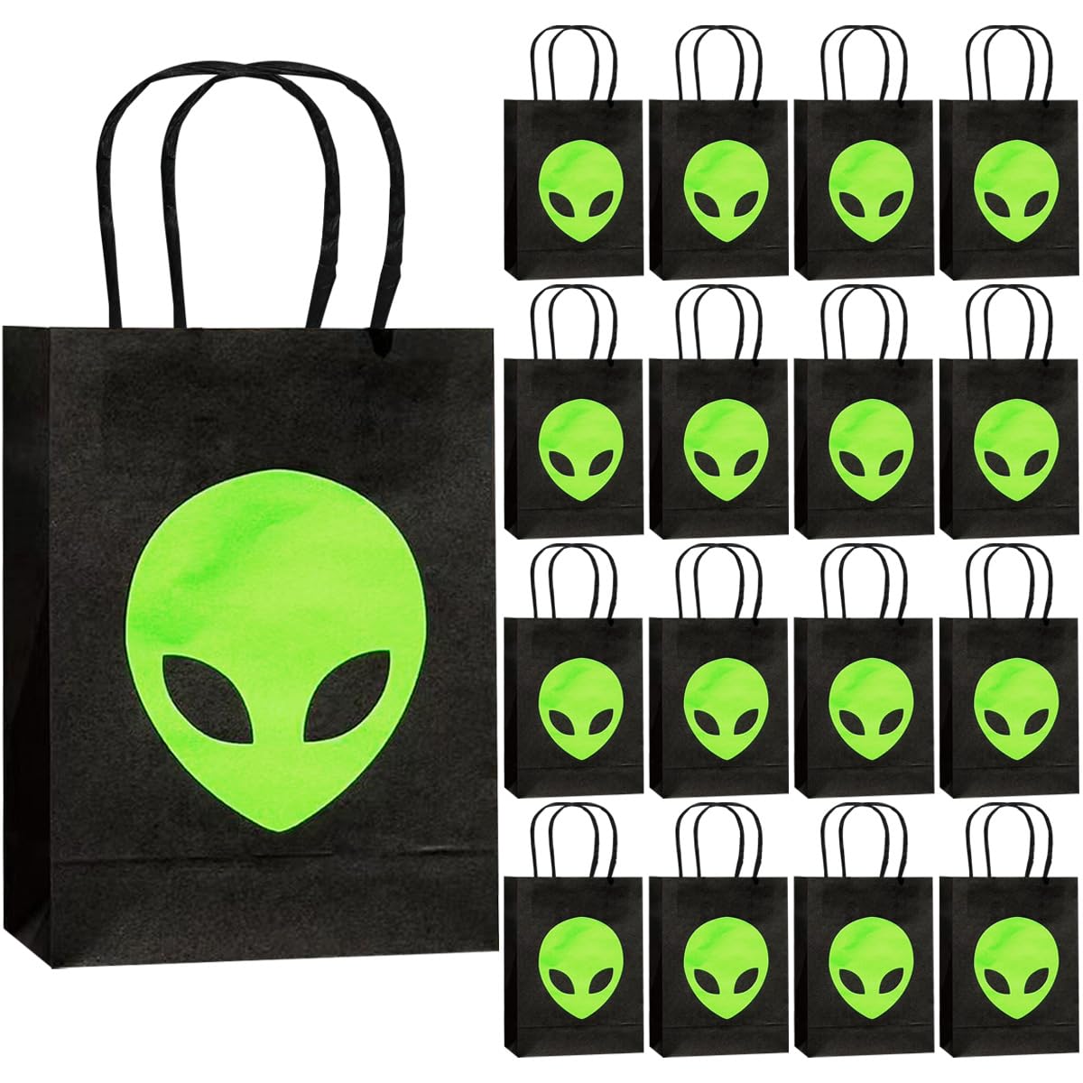 Photo 1 of 16PCS Green Alien Party Decorations Paper Bags Green Alien Paper Candy Treat Bags UFO Alien Birthday Party Decor Space Themed Party Decorations