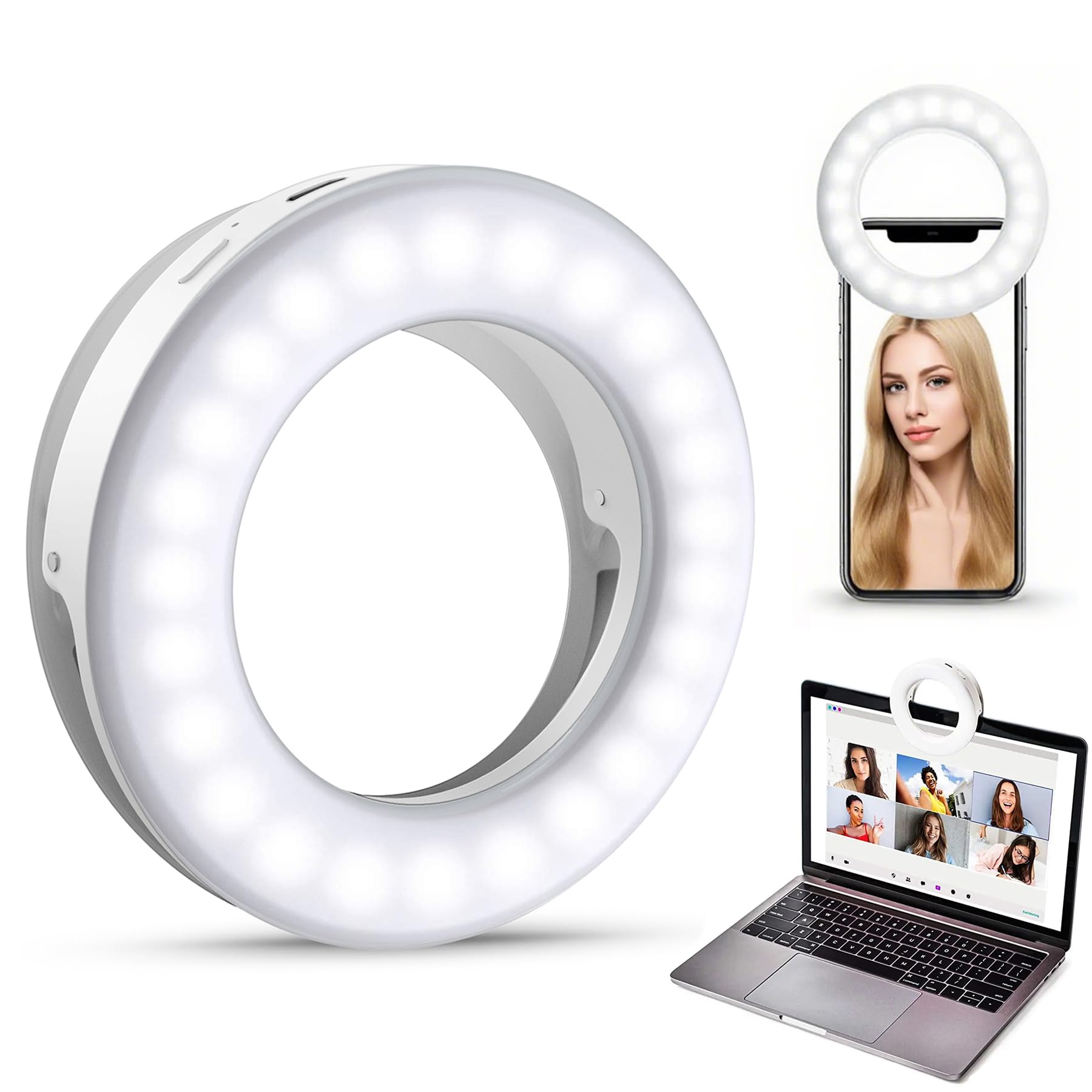 Criacr Selfie Ring Light, 40 LED USB Rechargeable Selfie Fill-Llight, 3-Level Brightness Clip-on Circle Light, Night Selfie Enhancing Ring Light, for Smartphone Laptop, Makeup, Streaming (White)