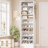 Aheaplus 10 TiersTall Shoe Cabinet, Narrow Wood Shoe Rack, 17.7" W, White | Shoe Storage Organizer with Hooks, Vertical Shoe Shelf Tower for 20-22 Pairs, Space Saving, for Closet, Entryway, Bedroom