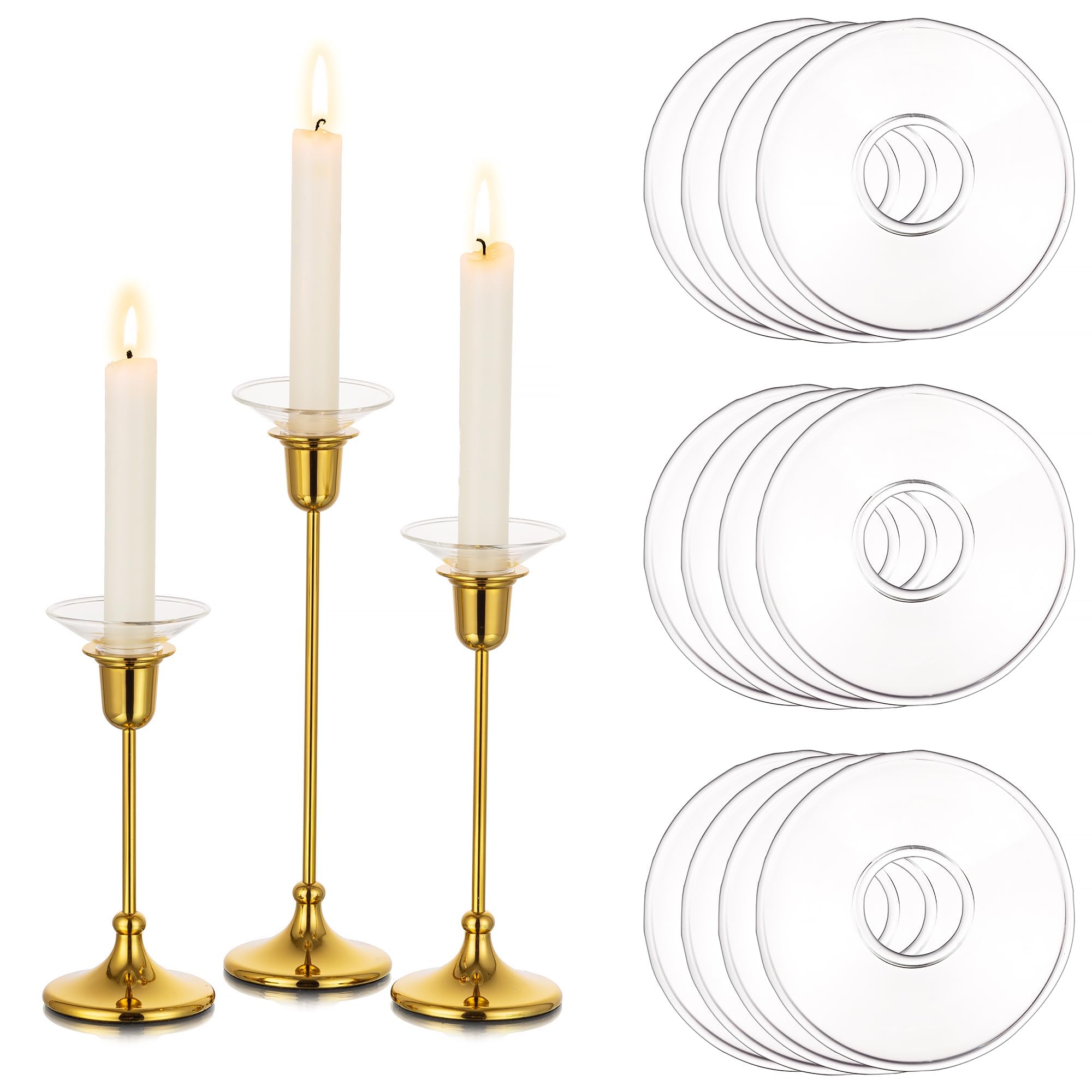 Glasseam Clear Ring Candle Sticks Holder, Taper Candle Holder Glass Bobeche Set of 12, Round Candle Protector for Christmas and Wedding Centrepiece
