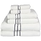 Superior Hotel Collection 900 Gram, 100% Premium Long-Staple Combed Cotton 6 Piece Towel Set, White with Navy Blue Border