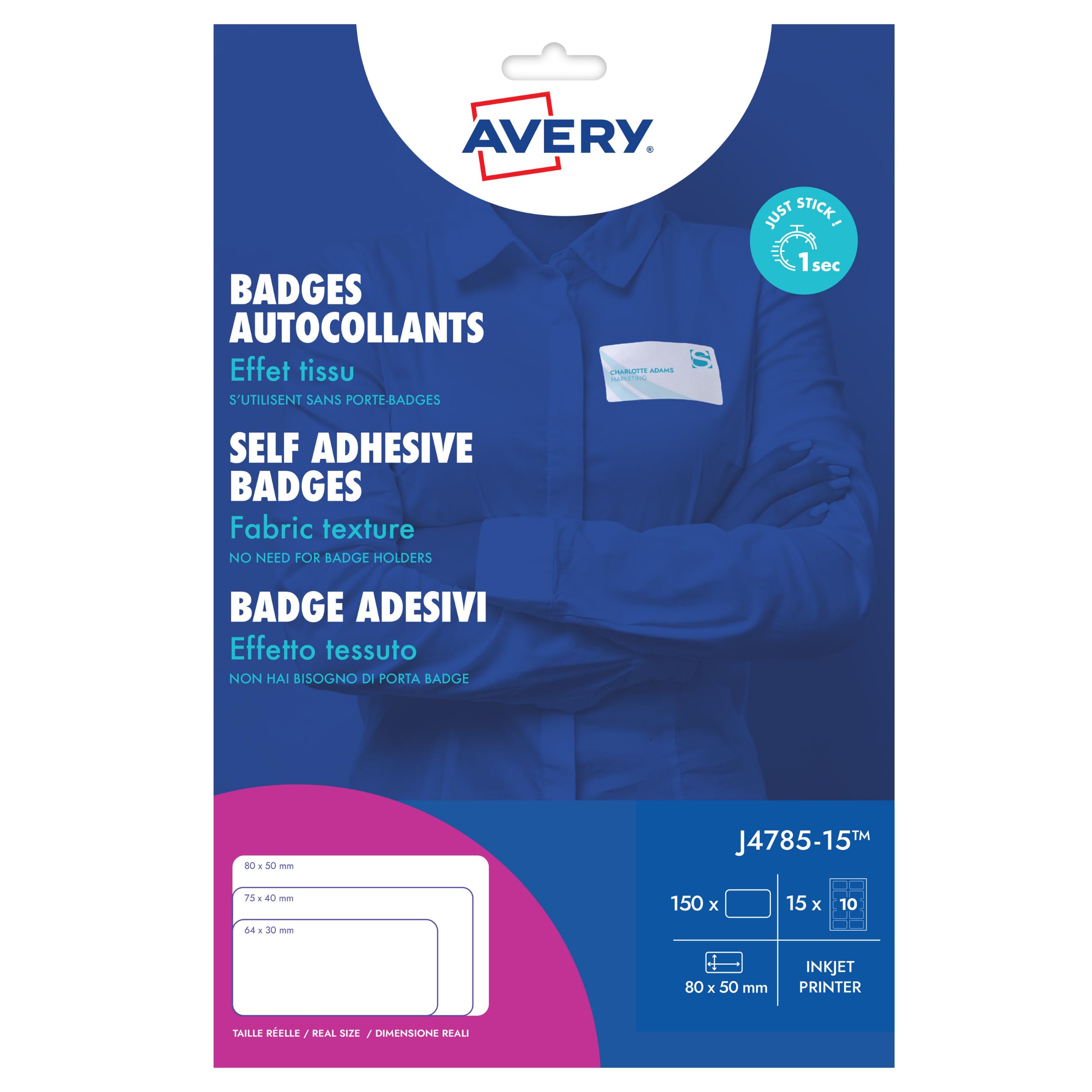 Avery J4785-15 15 Sheets of 10 Printable Customisable Textile Name Badges – Silk Acetate, 80 x 50 mm, for Inkjet Printers, 150 Badges Total