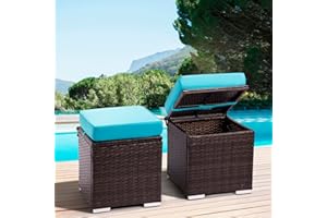 PATIO NOVAGARDEN Outdoor ottomans for patio, rattan wicker ottoman with storage outdoor footrest foot stool seat for patio furniture w/removeable extra thick cushion for Balcony Backyard Garden Poolside set of 2 Blue