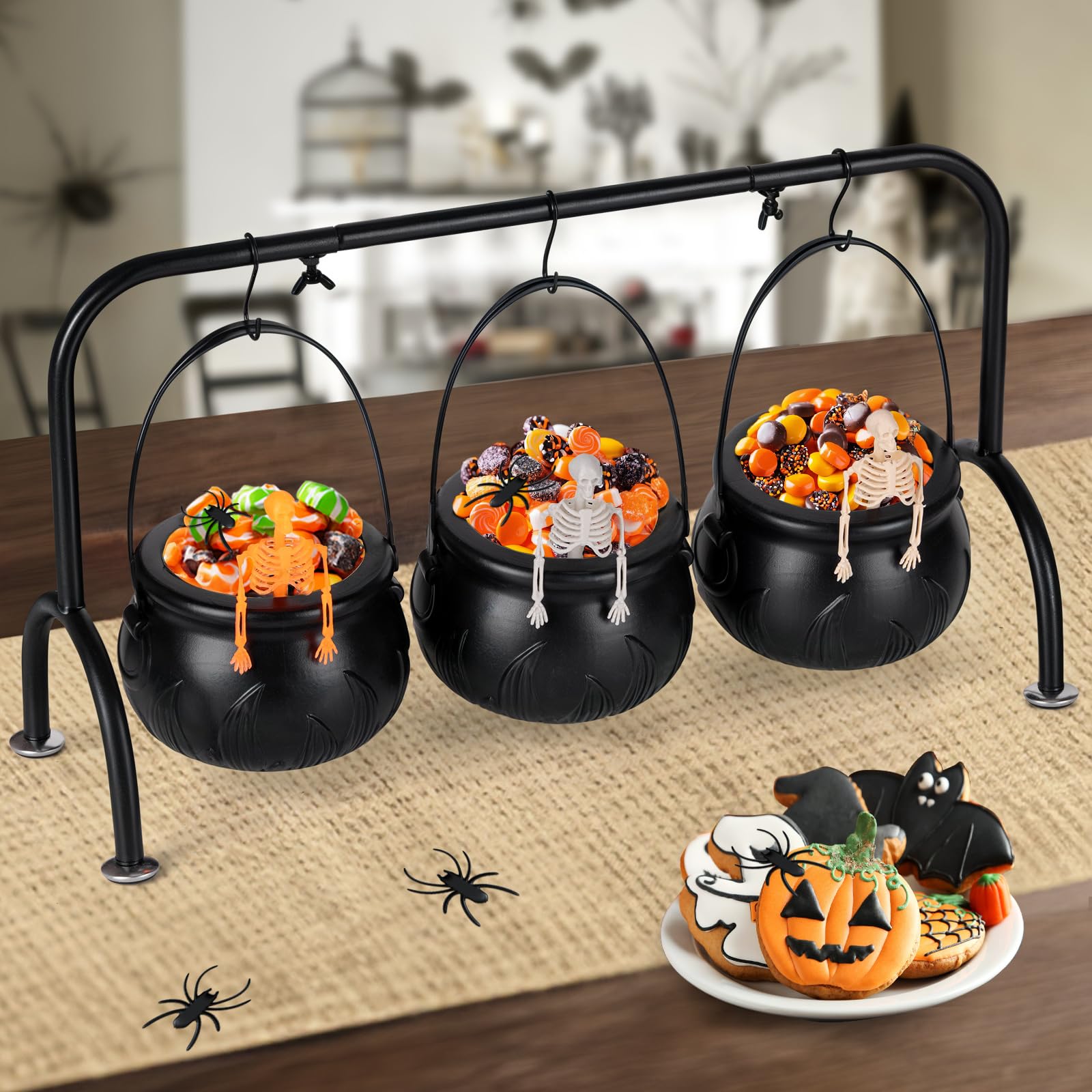 Photo 1 of ***MISSING PIECE*** Rdogeia Halloween Decorations - Set of 3 Witches Cauldron Candy Serving Bowls on Rack, Black Plastic Cauldron with Skeletons for Indoor/Outdoor Home/Kitchen Decoration