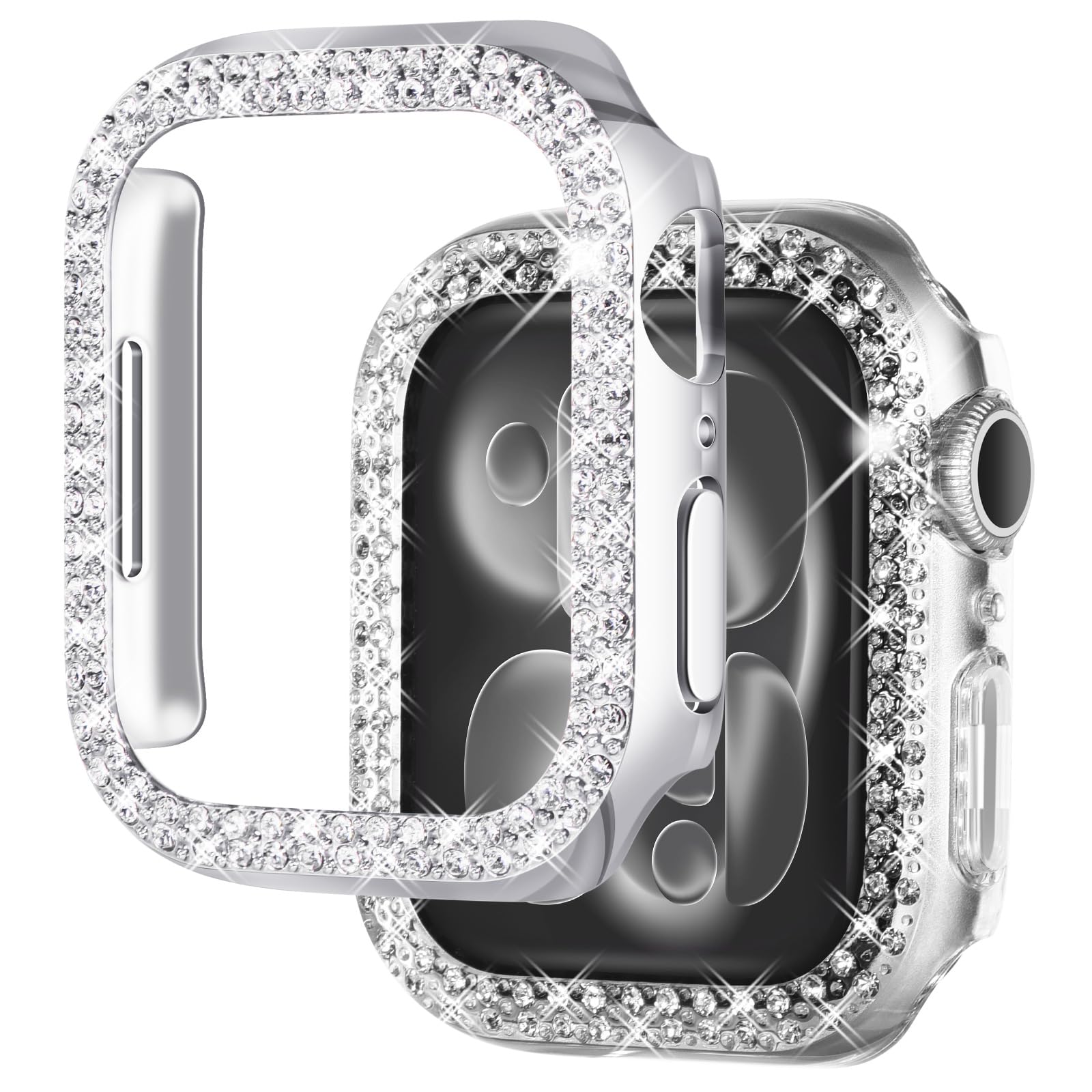 NewWays 2-pack Women Bling Case Compatible with Apple Watch 44mm Series 6/5/4/SE(2025-2020) Without Protective Film,Overall Protective Bumper Diamond Cases for iWatch 44mm(Silver+Clear)