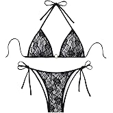 Falainetee Women's Floral Lace Sexy Bathing Suit Ring Halter Summer Swimsuit Bikini Set