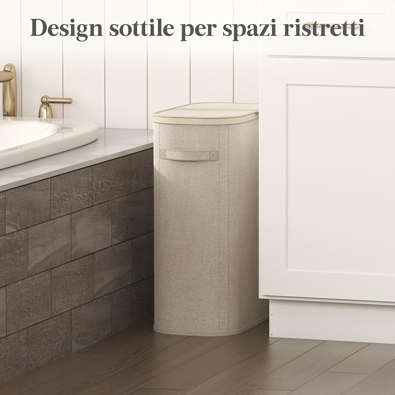 Cesto Portabiancheria, Cesta Panni Sporchi con coperchio, Laundry Basket con Plastica Manici, Porta Biancheria Sporca per Bagno, Lavanderia, Camera da Letto, 55 L, Beige