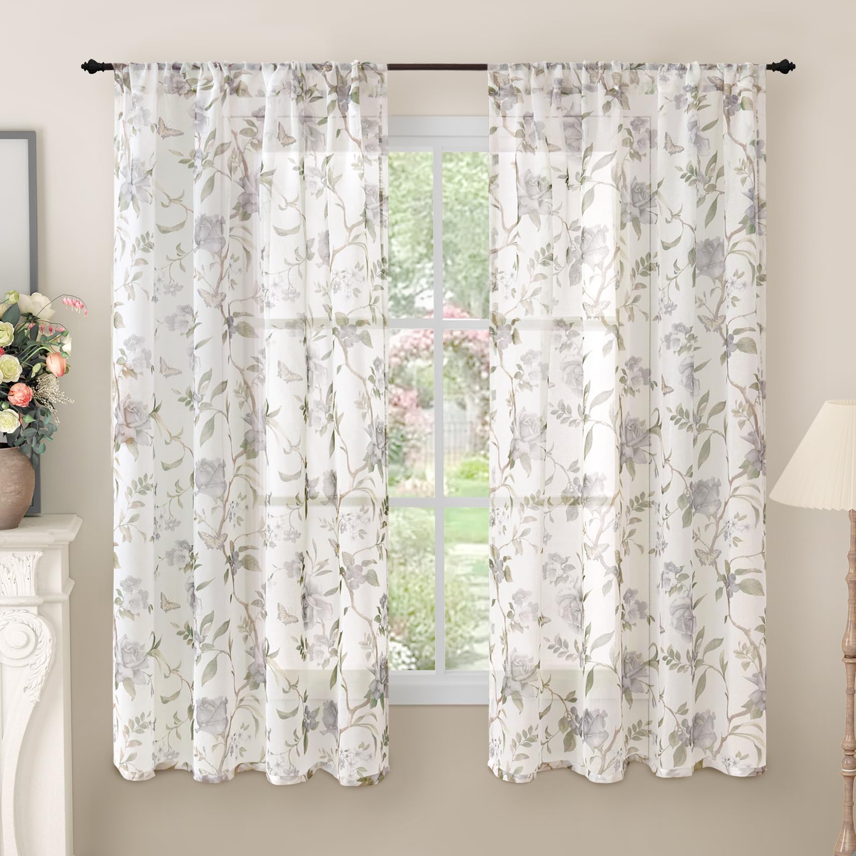 Lajode Floral Sheer Curtains for Bedroom Window 63 Inch Length 2 Panels, Farmhouse Light Filtering Privacy Patterned Semi-Sheer Linen Curtains for Living Room Rod Pocket, Grey, Each 52 Inch Wide