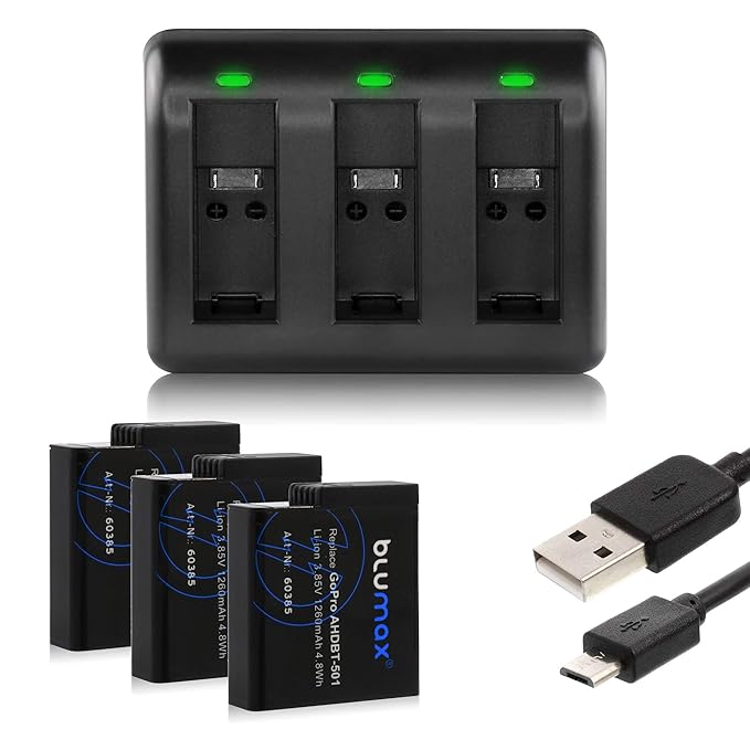 Blumax 3X Akku + Mini Triple-Ladegerät für GoPro Hero 5 / Hero 6 Black/Hero 7 / Hero 2018 - AABAT-001 AHDBT-501-1260mAh