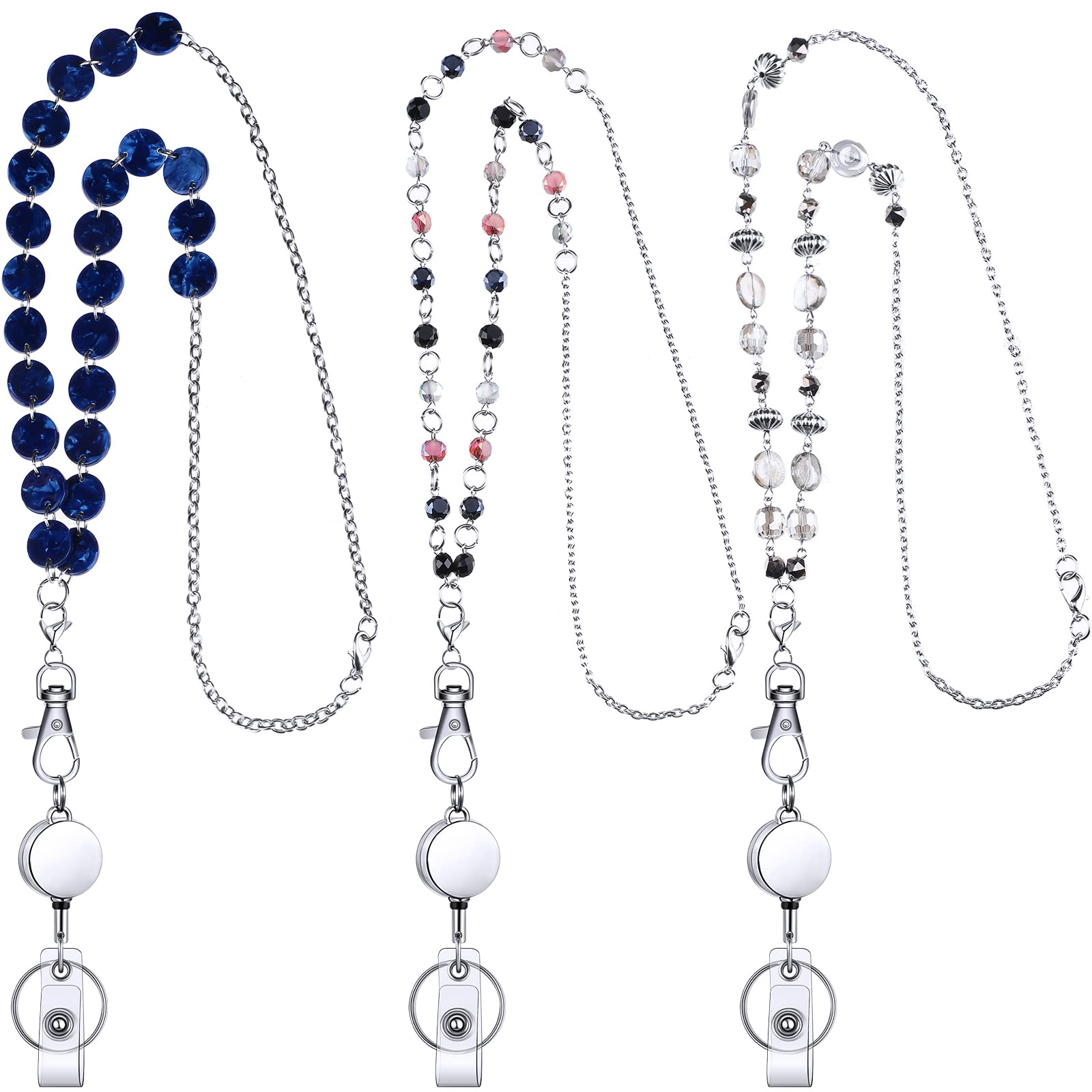 Photo 1 of Hicarer 3 Pieces ID Badge Lanyard Necklace with ID Holder Clip Stainless Steel Beaded Chain Retractable Badge Reel Valentine Present (Retro Style)