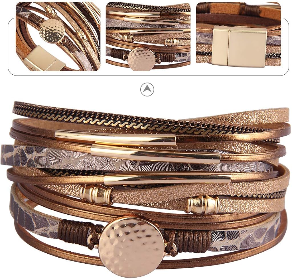 AZORA Leather Wrap Bracelets for Women Goldplated Metal Crescent Cuff Bracelet with Magnetic Buckle Casual Bohemian Wrist Bangle Jewelry Gift for Ladies Teen Girls Sister Mum: Jewelry