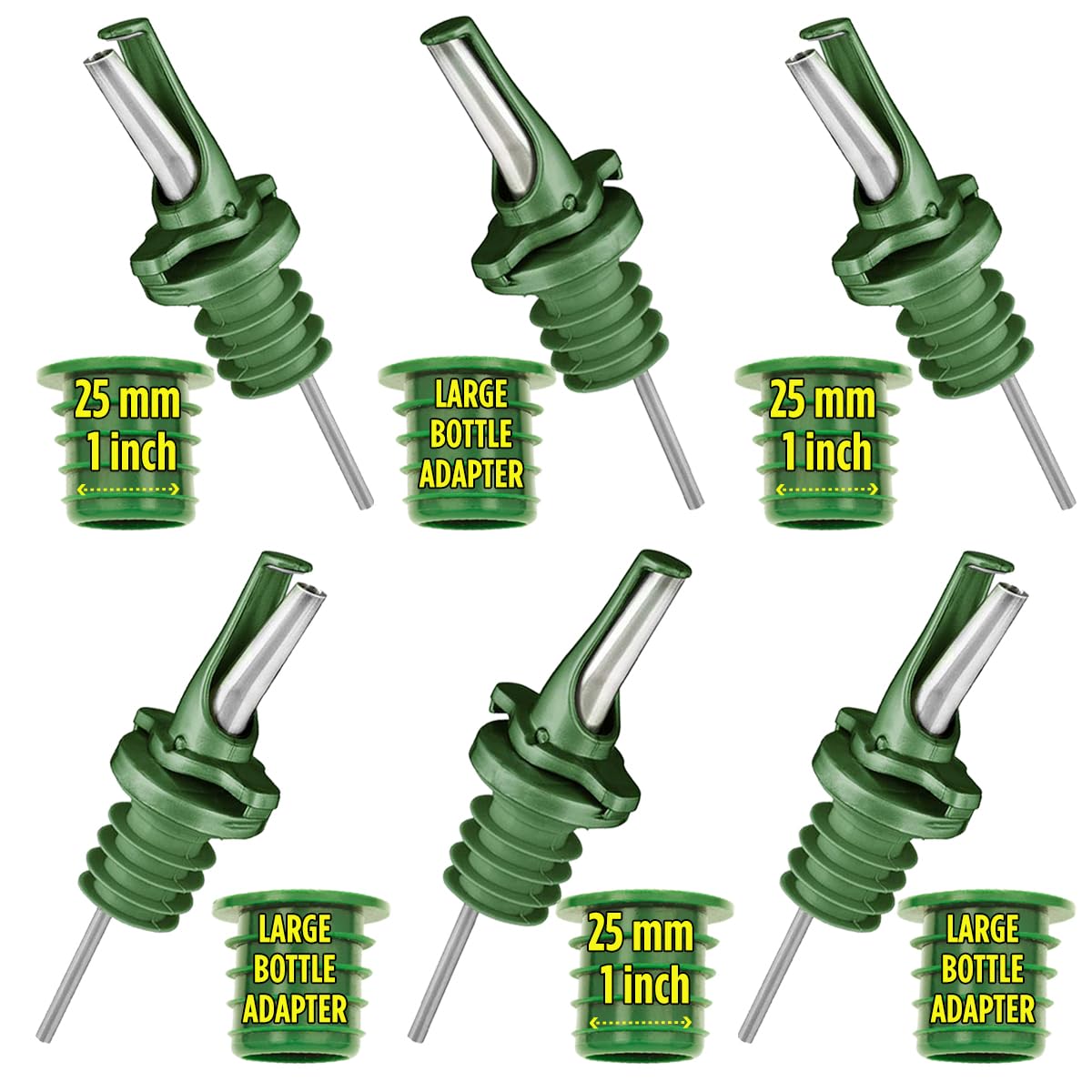 Poura Olive Oil Bottle Drizzler Spouts – Airtight BPA-Free Natural Rubber ClickSeal Pourers with Built-in Caps – Use Your Own Bottles with Large Adapters – Dishwasher Safe – Green 6 Pack