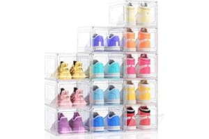 Kitsure Thicker & Sturdier Shoe Boxes - 12 Pack White Clear Plastic Foldable Storage Organizer with Magnetic Door, Reinforced Heavy-Duty Design for Sneakers, Toiletries & Accessories, 13.2"x9.8"x7.3"