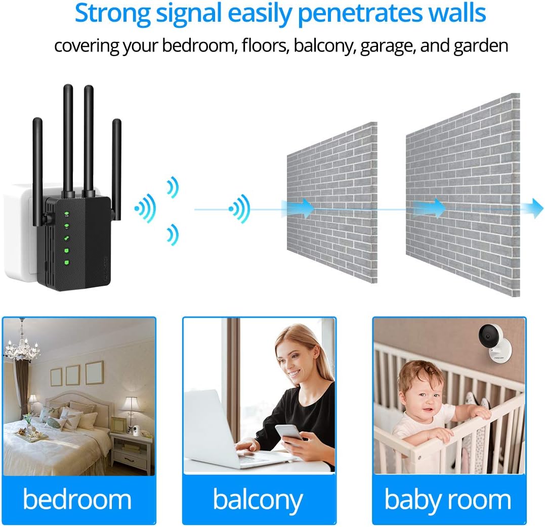 WiFi Range Extender 1200Mbps Signal Booster Repeater, Foscam 2.4G & 5GHz Dual Band Wireless Amplifier with Intelligent Signal Indicator, One Button Setup with Ethernet Port: Computers & Accessories