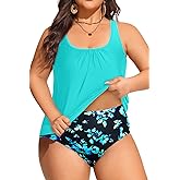 Yonique Plus Size Two Piece Swimsuit for Women Blouson Tankini Tummy Control Bathing Suit