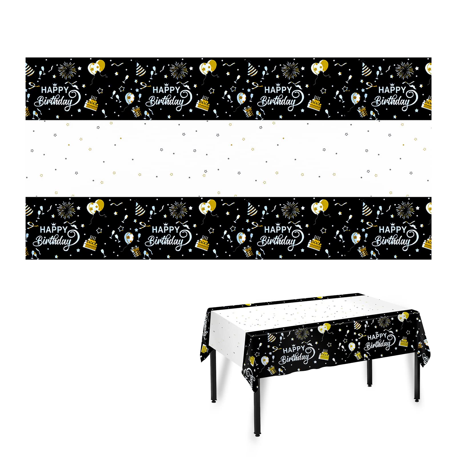 Skyzone Birthday Table Cloth, 2 Pcs Black and Gold Party Tablecloth Disposable Table Covers, 20th 30th 40th 50th 60th Happy Birthday Decoration Tablecloths for Women Men Birthday Party