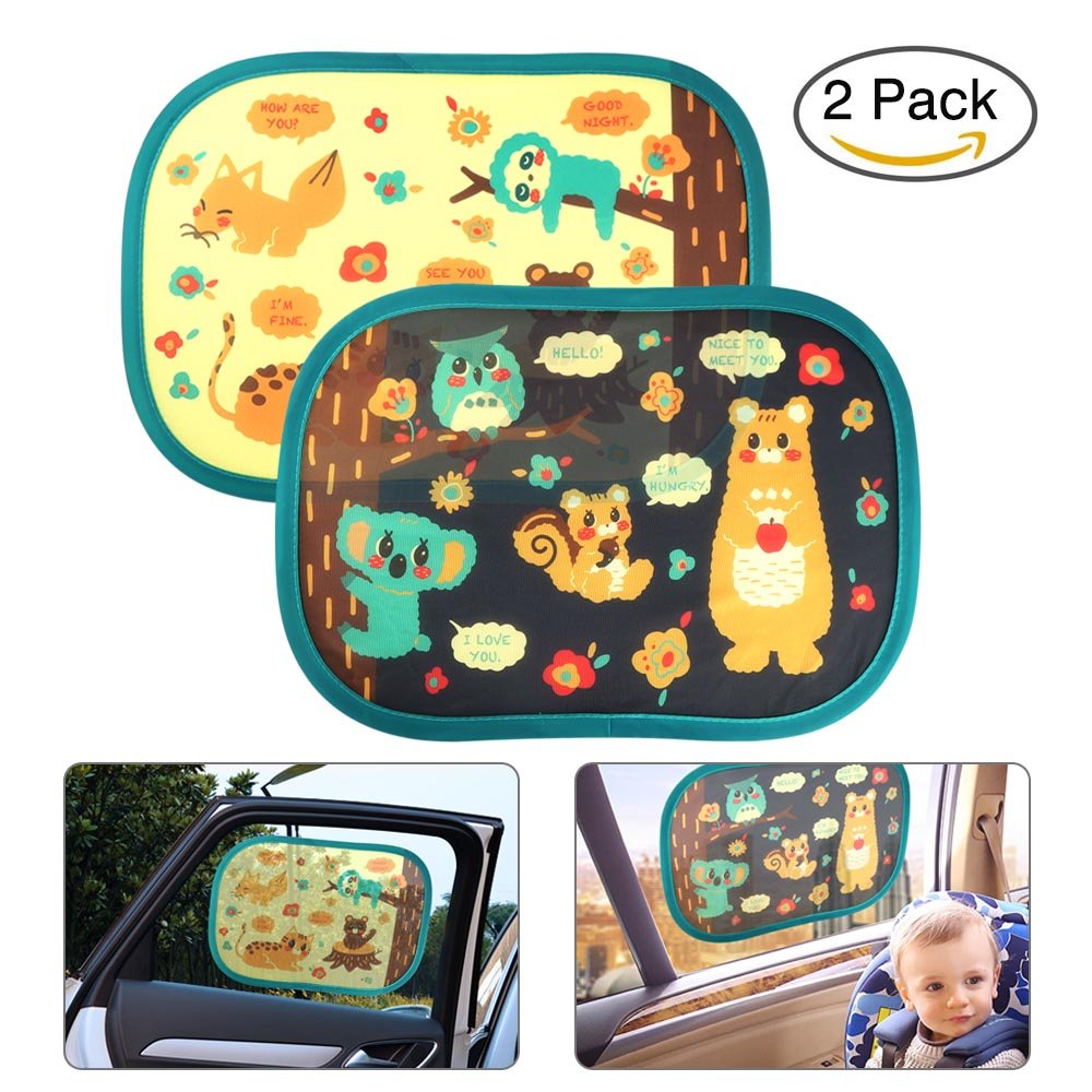 Auto Sonnenschutz Kinder,2 Stück Selbsthaftende Baby Sonnenblende Auto Waldparty Design Sonnenschutz mit uv Schutz vor Hitze & UV Strahlen für Auto Seitenscheiben