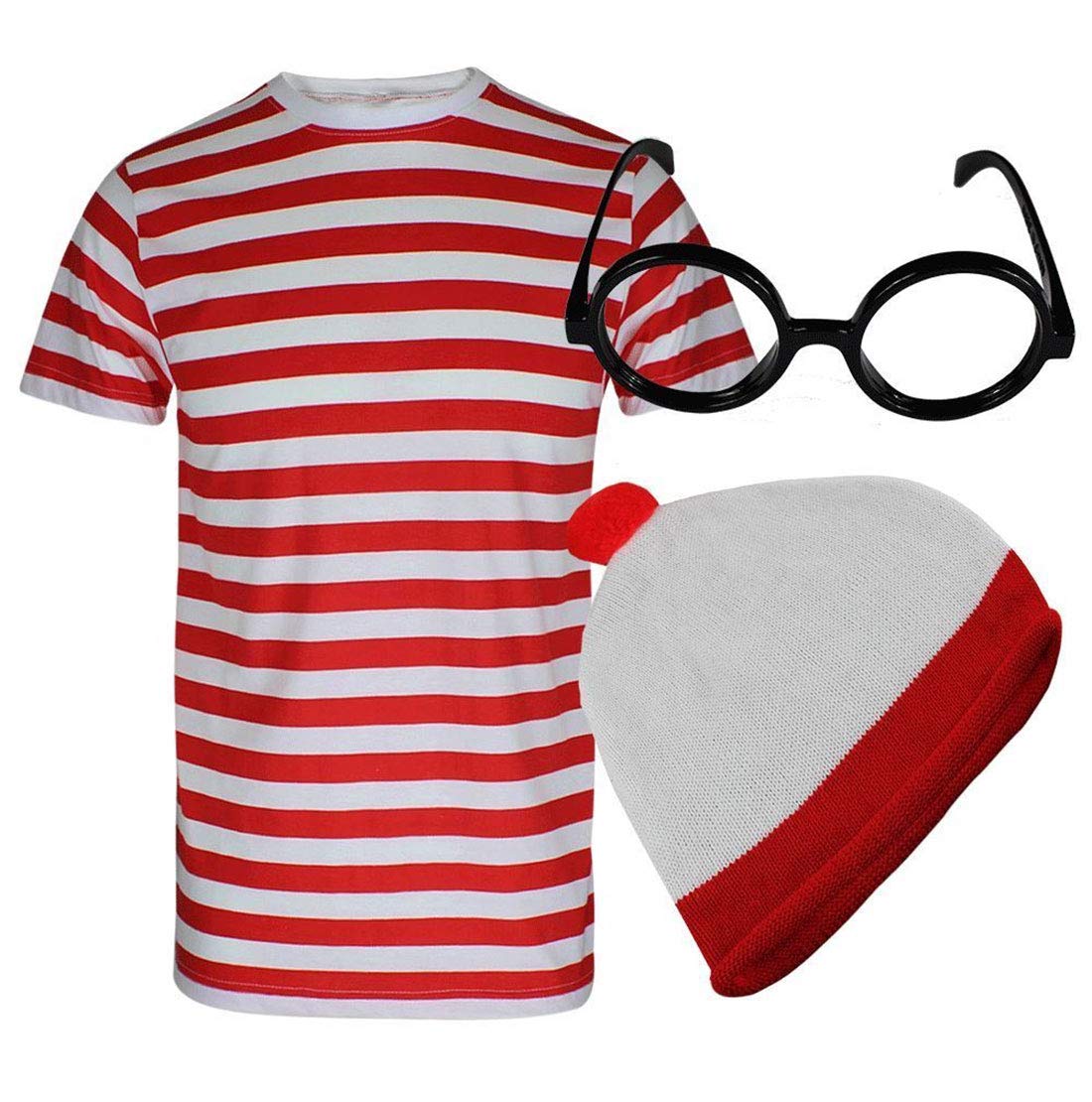 RIDDLED WITH STYLE Unisex Red/White Bobble Hat & Glasses T-Shirt Socks Set Theme Party Wear No Lens Glasses Book Day Book Week Red White Costume Complete Outfit