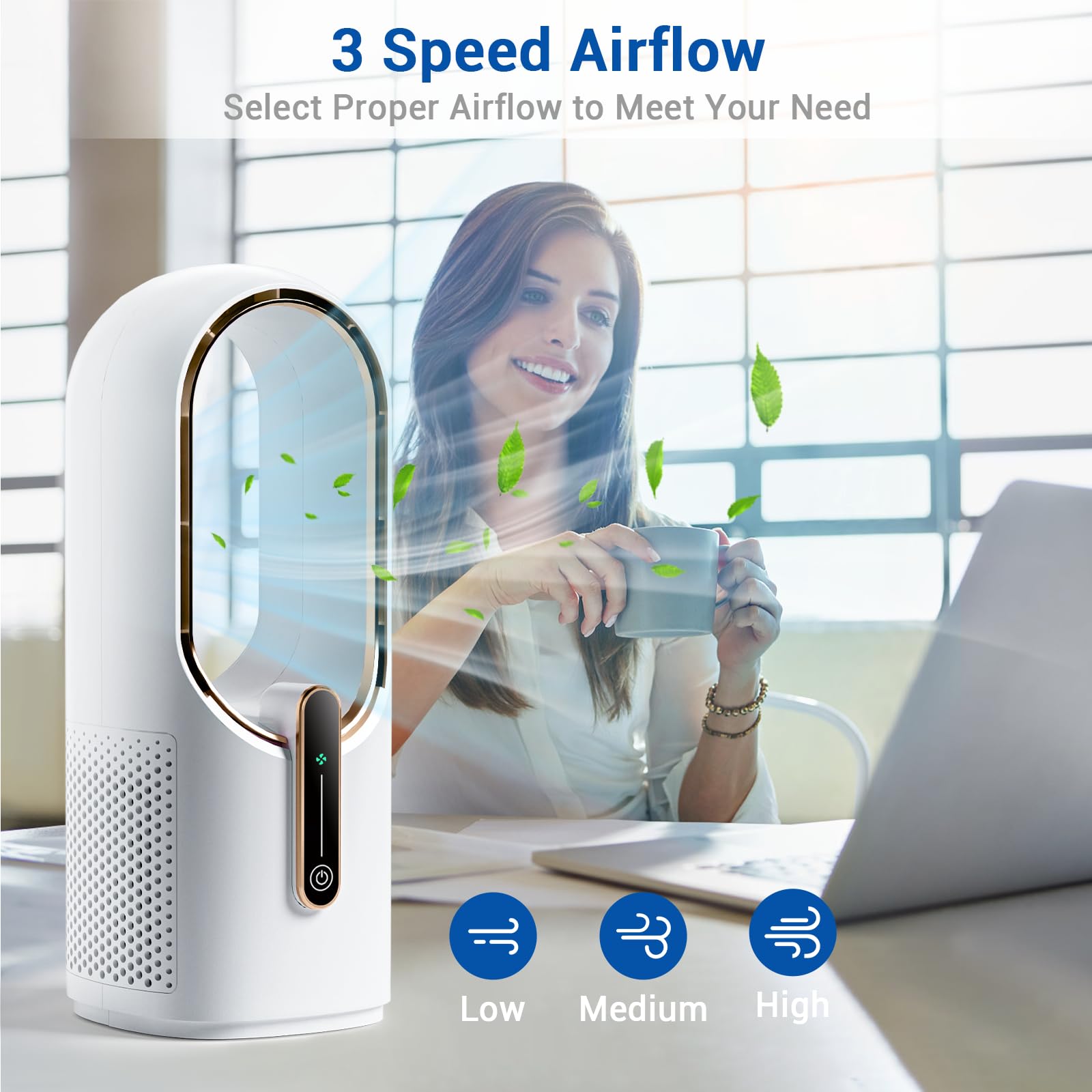 Bladeless Desk Fan, 11.8 Inch Small Rechargeable Fan, Quiet Office Fan, 3 Speeds, Touch Control, Easy to Clean, Desk Fan Small Quiet, Ideal for Home, Office, Travel