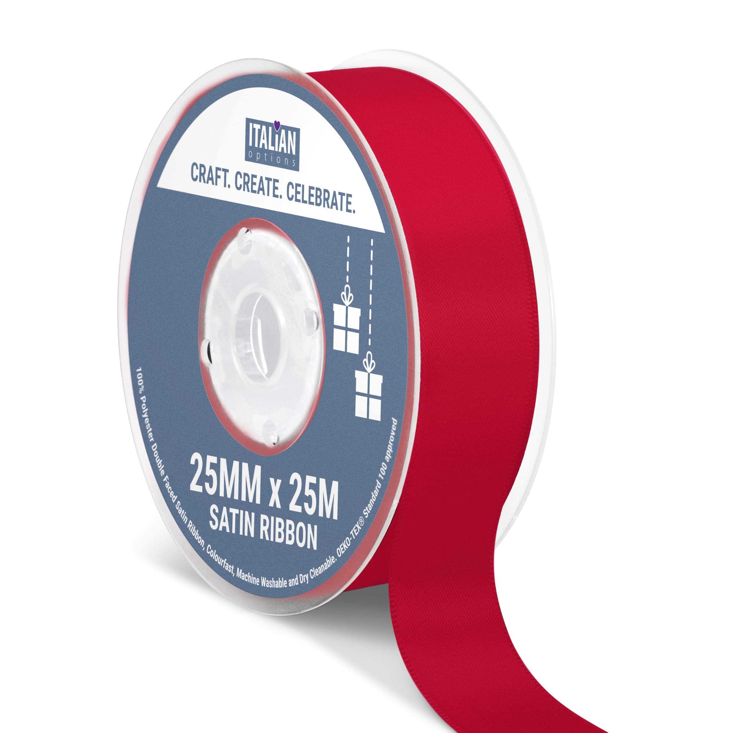 Italian Options Satin Ribbon, Fabric Ribbons for Gift Wrapping, Crafting, Balloons, Wedding Car, Presents, Cake, Christmas, Birthday, Gift Wrap Accessories, 25mm Wide x 25 Metre Roll, Ruby