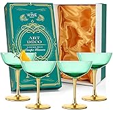 Colored Coupe Art Deco Glasses, Gold | Set of 4 | 12 oz Classic Cocktail Glassware for Champagne, Martini, Manhattan, Sidecar, Crystal Speakeasy Style Goblets Stems, Vintage, Gold Green