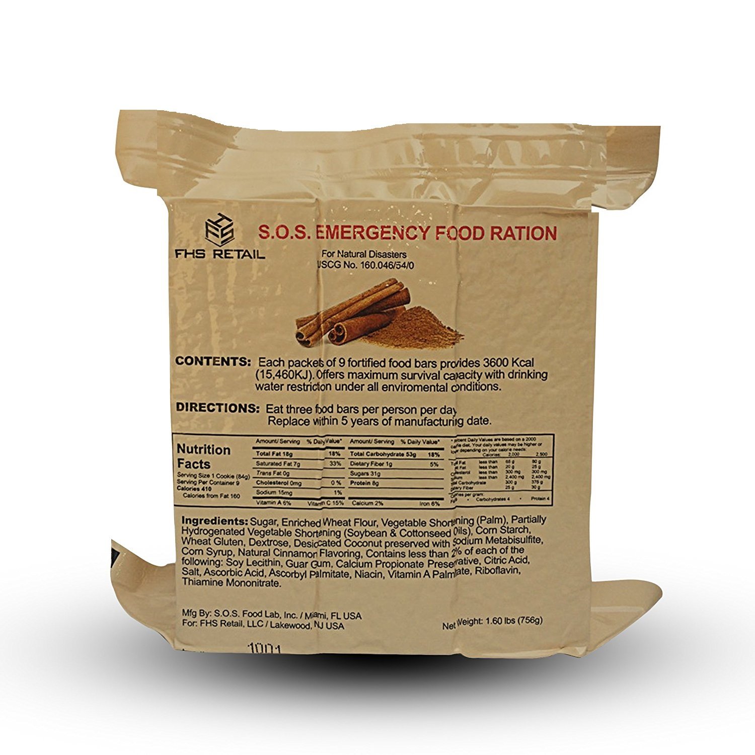 SOS Food Labs SOScin1pk S.O.S. Rations Emergency 3600 Calorie Cinnamon