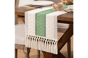 DeZerlor Boho Macrame Table Runner Christmas Farmhouse Woven Small Table Runner with Tassels 36 Inches Ivory& Sage Green Cotton Linen Kitchen Table Centerpiece for Dining Dresser Home Tea Table Decor