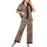 WDIRARA Women's Leopard Print Pajama Sets Short Sleeve Lace Trim Pants Pjs 2 Piece Sleepwear