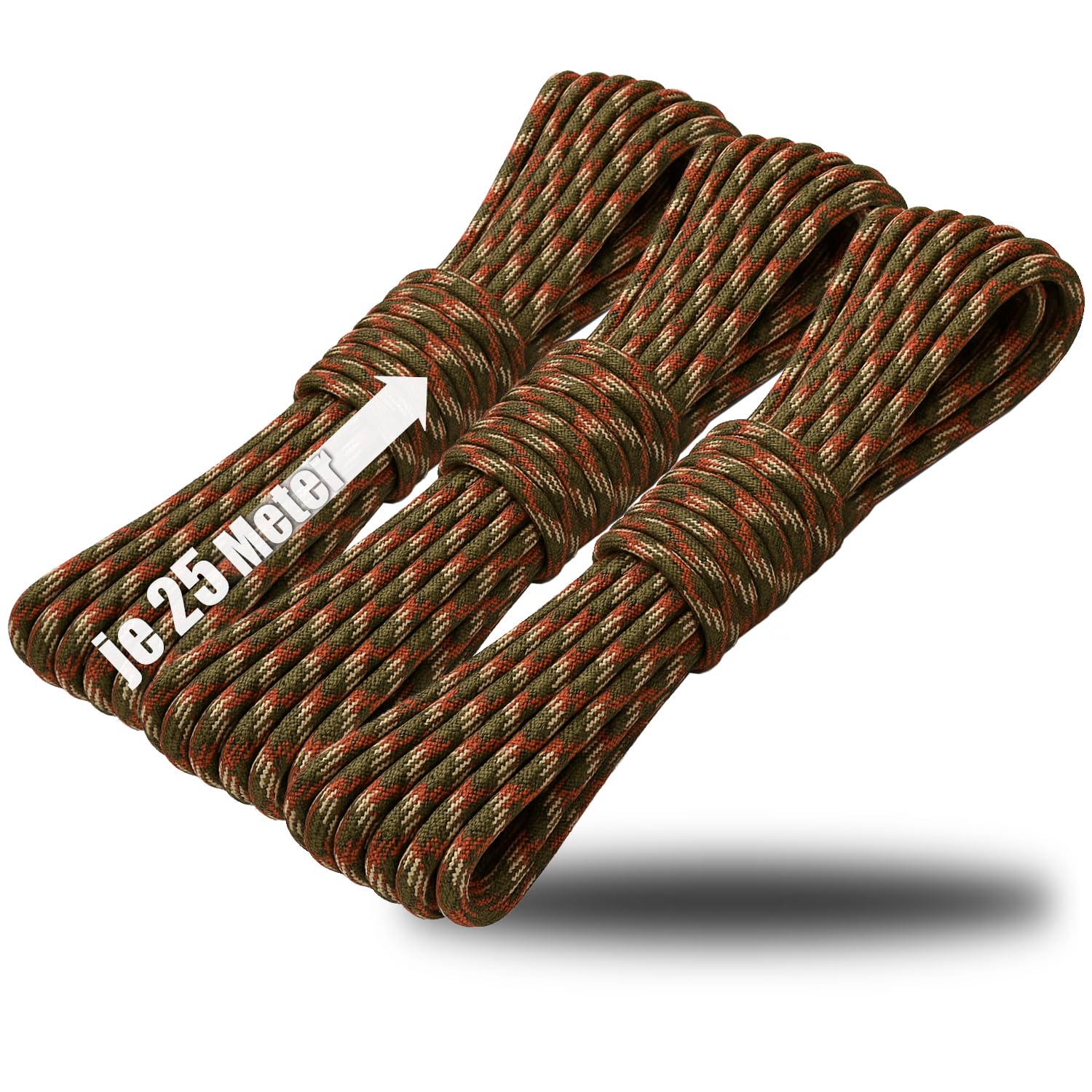 com-four® 3x paracord cord Ø 4 mm, 25 m - rope with 7 core strands for boat, camping, outdoor - nylon rope with 250 kg load capacity - tent rope, guy rope, all-purpose rope (3 pieces - camouflage)