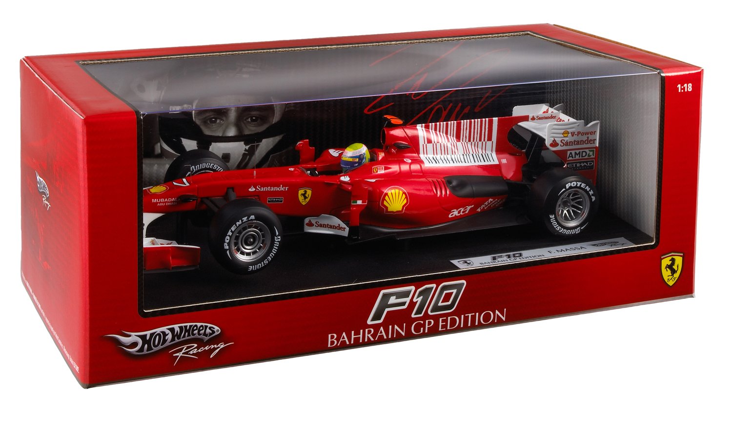 HOTWHEELS 1/18 MASSA F1 FERRARI F10 2010 RACE CAR 2nd BAHRAIN GP