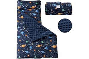 PHF Toddler Nap Mat with Removable Pillow and Minky Fleece Blanket, Rollup Design Warm Slumber Bags for Boys, 52"x20"x2" Kids Sleeping Bag for Daycare Preschool Travel Camping, Space