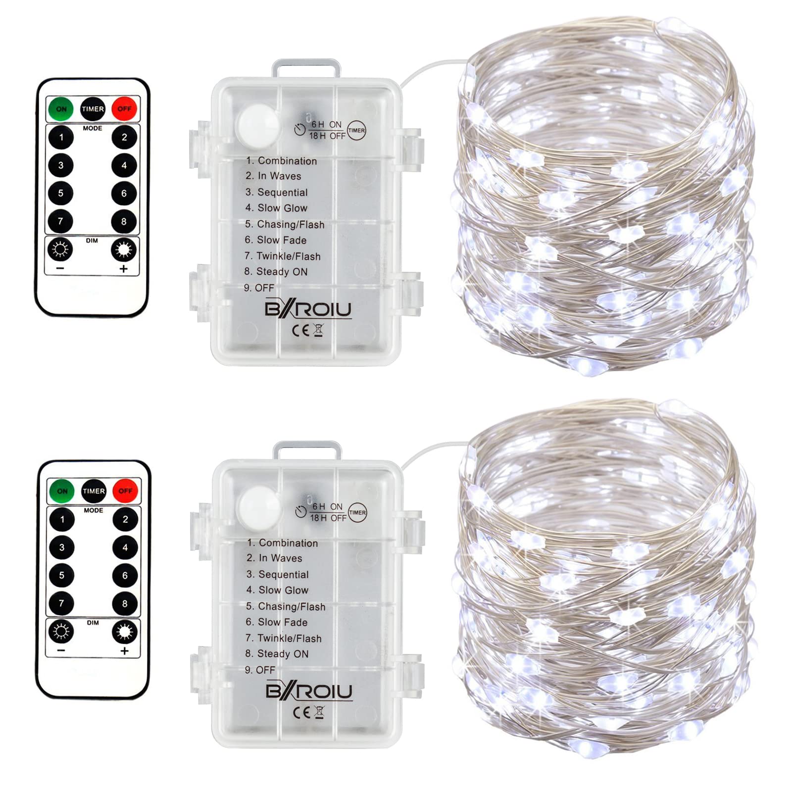 BXROIU 2 x Fairy String Lights Battery Operated, Silver Wire 8 Mode Chains 5 Meters 50 LEDs Timer String Lights with Remote Control for Bedroom Christmas Party Wedding Decoration (Cool White)