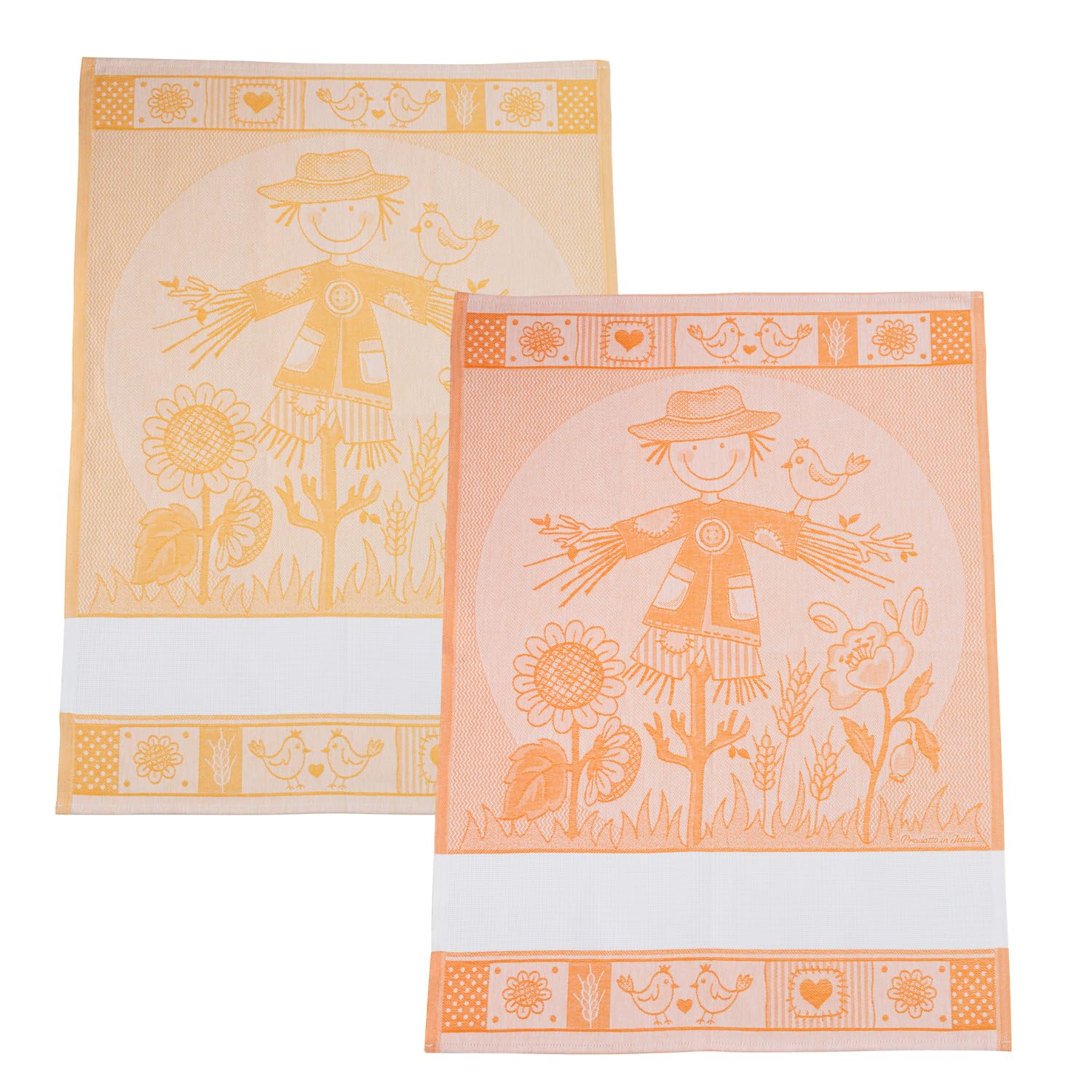 Filet - Set of 2 Jacquard Tea Towels with Embroidered Aida Insert, Made in Italy, Scarecrow Design, Orange and Yellow
