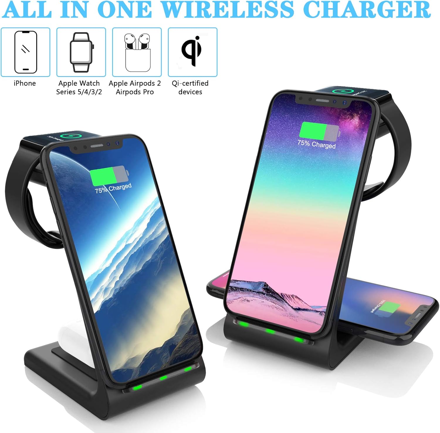 Wireless Charging Stand, Muleug 3 in 1 Wireless Charger Charging Station Dock for Apple Watch SE 6 5 4 3 2, Airpods Pro, iPhone 12/11/11 Pro/X/Xr/Xs/8 Plus, Qi-Certified Phones (with QC3.0 Adapter): Electronics