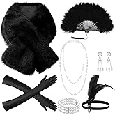 8 Pcs 1920s Flapper Costume Accessories Set Headband Earrings Gloves Feather Fan Faux Fur Shawl Holder Pearl Necklace Bracelet(White, Black, Elegant Style)
